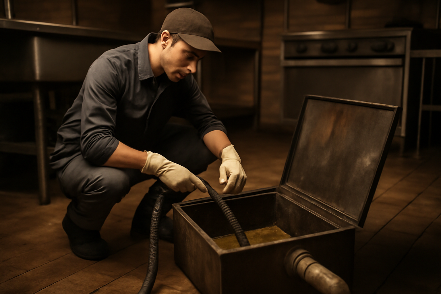 Technician cleaning a commercial grease trap